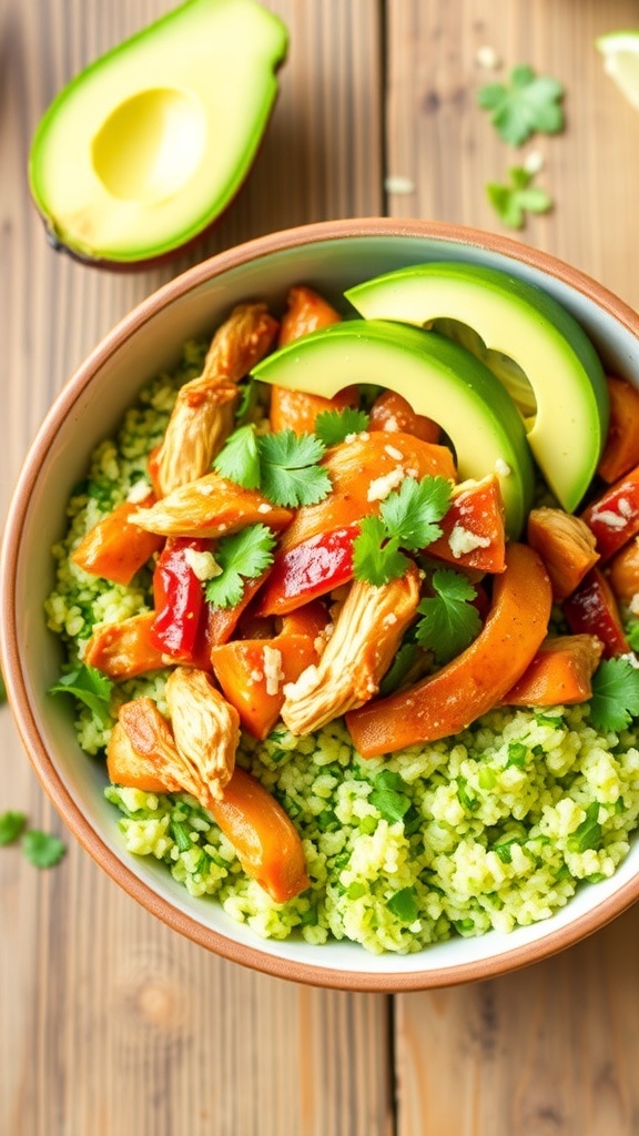 A colorful bowl of chipotle chicken with cilantro lime quinoa, garnished with avocado and cilantro.